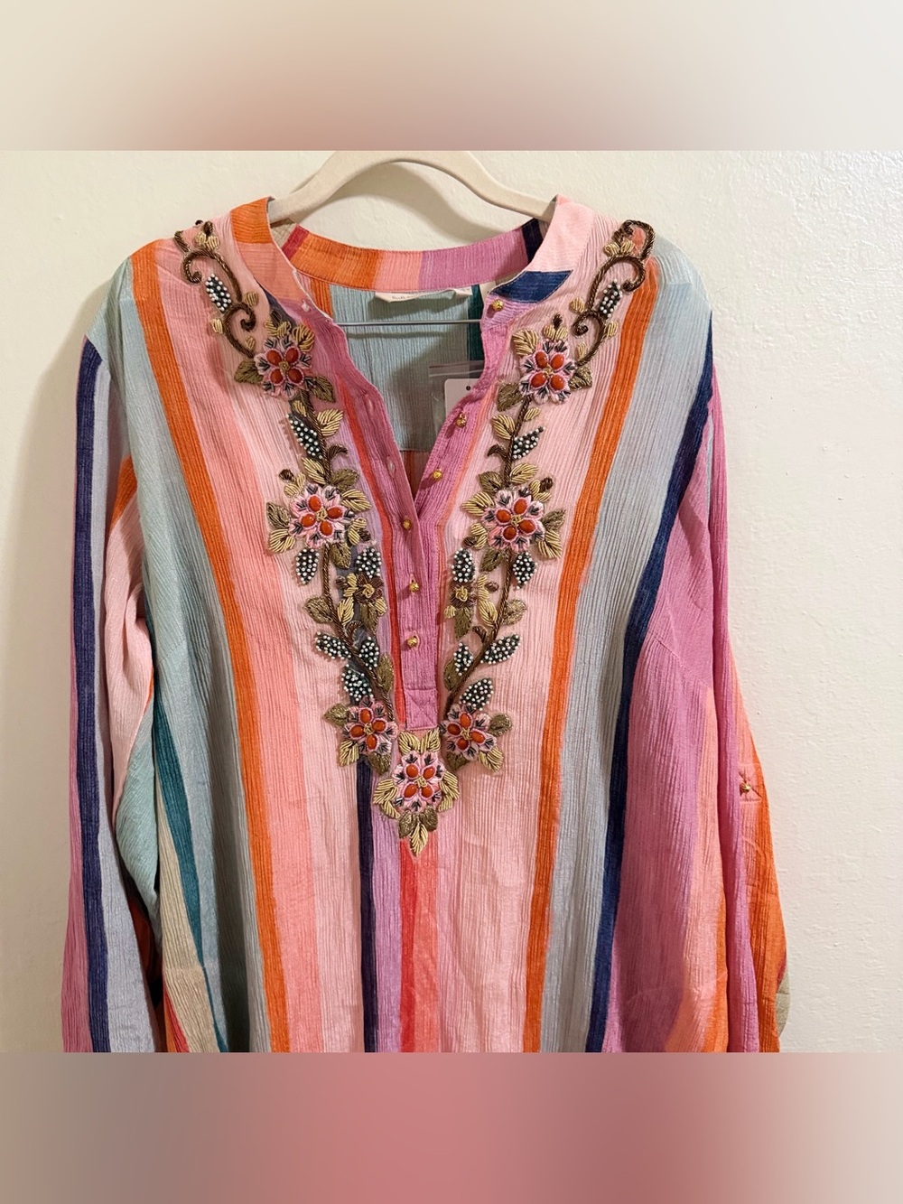 Soft Surroundings Aruba Striped Embroidered Gauze Caftan Maxi Dress M NWT - Picture 4 of 15
